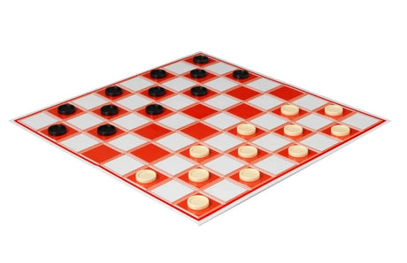 John Adams Draughts board shown from a low angle with black and cream playing pieces positioned across the red and white chequered squares