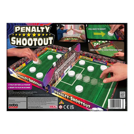 Back of John Adams Penalty Shoot Out box showing the 60 cm stadium, gameplay steps, contents and barcode