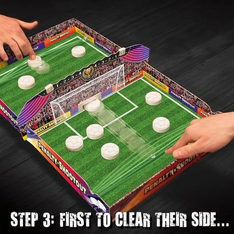 John Adams Penalty Shoot Out gameplay showing two players flicking football pucks across the fold out stadium