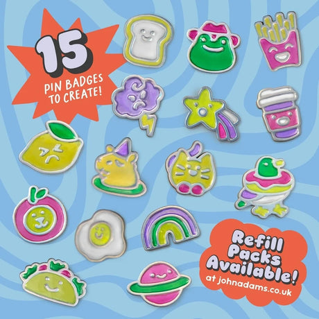 John Adams Pin Badge Maker showing 15 finished badge designs including rainbow, taco, planet, cat and fries
