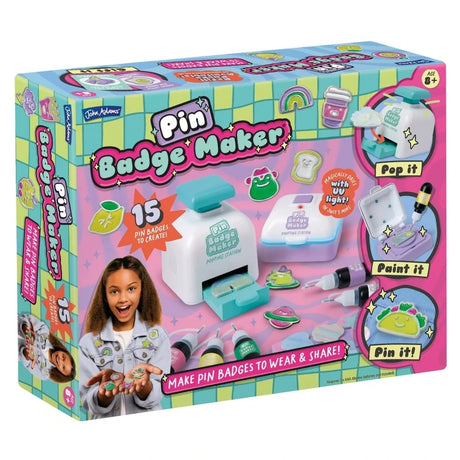 John Adams Pin Badge Maker box angled view showing 15 badge designs, popping station and UV painting station