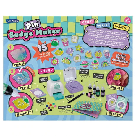 Back of John Adams Pin Badge Maker box showing contents, 15 badge designs, popping station, UV painting station and gel paints