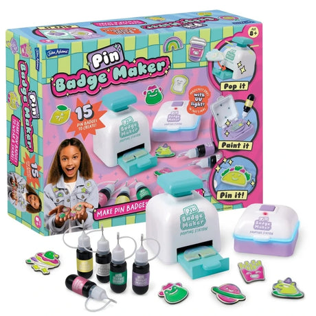 John Adams Pin Badge Maker complete set with box, popping station, UV painting station, gel paints and finished badges