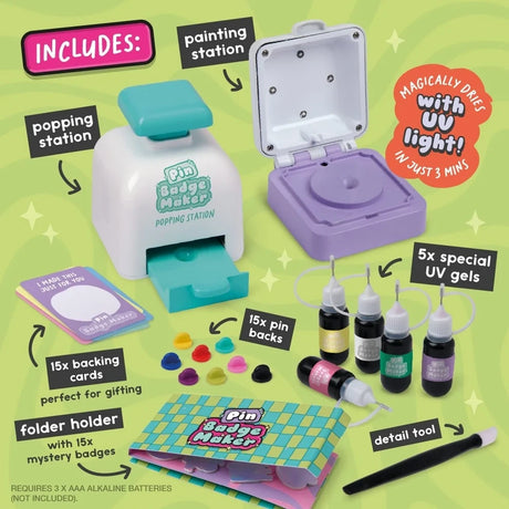 John Adams Pin Badge Maker contents with popping station, UV painting station, 5 UV gel paints, pin backs, backing cards and detail tool