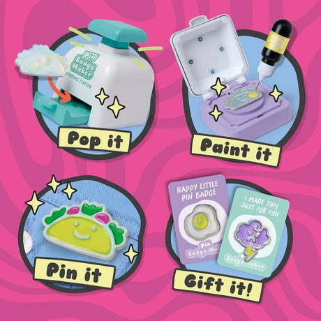 John Adams Pin Badge Maker steps showing how to pop, paint, pin and gift finished badges