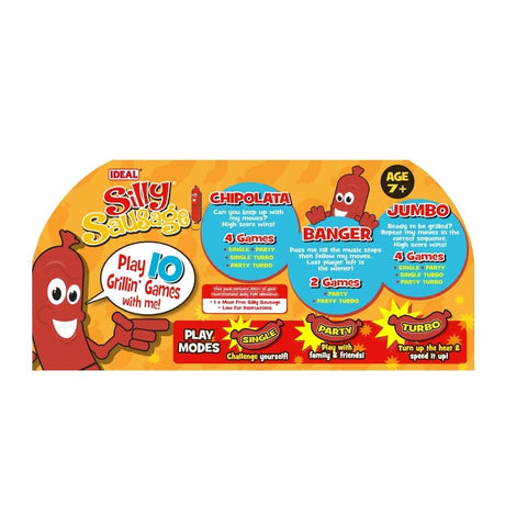 Back of John Adams Silly Sausage box showing Chipolata, Banger and Jumbo game modes
