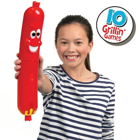 Child holding the John Adams Silly Sausage electronic reaction game