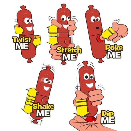 John Adams Silly Sausage showing the Twist Me, Stretch Me, Poke Me, Shake Me and Dip Me actions