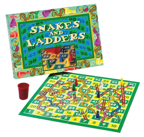 John Adams Ideal Snakes and Ladders game showing the numbered playing board with illustrated snakes and ladders, coloured playing pieces, dice cup and game box