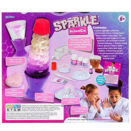 Back of John Adams Sparkle Science 2026 box showing the experiment equipment, chemicals, activity guide and examples of the 10 chemistry experiments