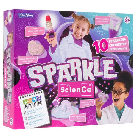 John Adams Sparkle Science 2026 box showing 10 sparkling chemistry experiments including a lava lamp, water tornado, water fizzer, crystal tree and glitter volcano