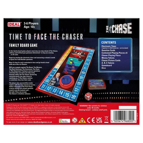 Back of John Adams The Chase Family Board Game box showing game board, electronic timer and contents