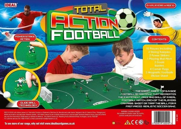 John Adams Total Action Football 5-a-Side box back showing the tabletop pitch, magnetic player controls and game contents