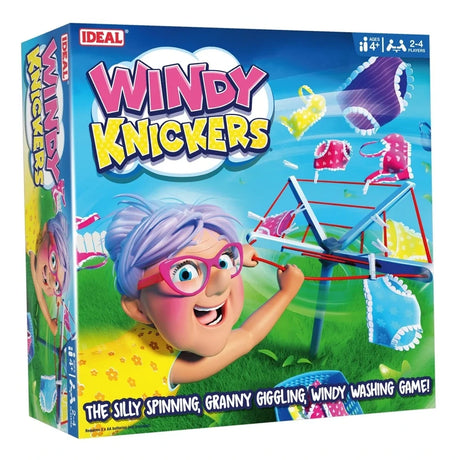 John Adams Windy Knickers Game box angled view showing Granny, the washing line and hanging clothes