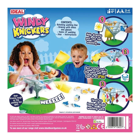 Back of John Adams Windy Knickers Game box showing gameplay instructions, contents and product information