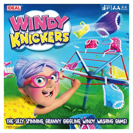 Front of John Adams Windy Knickers Game box showing Granny beside the spinning washing line