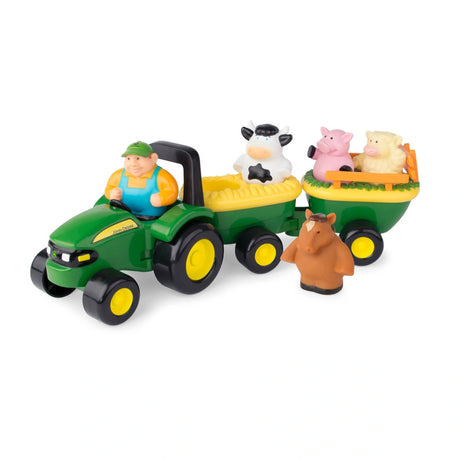 John Deere Animal Sounds Hayride toy tractor with two green wagons farmer figure and horse cow pig sheep animal toys on white background