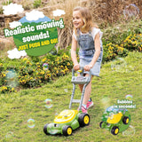 Child pushing a green and yellow toy mower on grass with bubble graphics and text “Realistic mowing sounds! JUST PUSH AND GO!” plus “Bubbles in seconds!” with small mower image