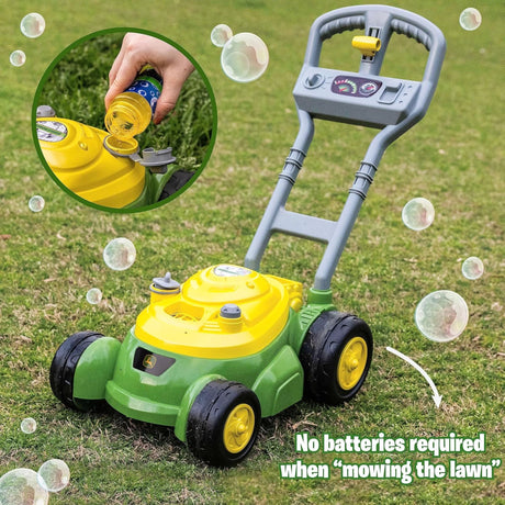 Green and yellow toy mower on grass with bubble graphics, inset photo of bubble solution being poured into mower, and text “No batteries required when “mowing the lawn””