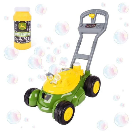 John Deere Bubble N Go toy mower with grey handle green body yellow top and four black wheels, with bubble solution bottle and floating bubble graphics on white background