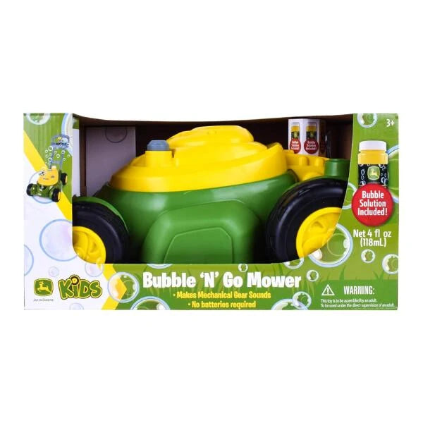 Front view of John Deere Bubble N Go Mower retail box showing mower inside packaging and printed text “Bubble N Go Mower”, “Bubble Solution Included Net 4 fl oz (118mL)” and “3+”