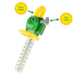 John Deere toy hedge trimmer with yellow callouts reading “Press trigger” and “Pull string” with arrows pointing to the grey trigger and grey pull handle