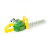Side view of John Deere toy hedge trimmer showing yellow handle, grey pull handle, green body marked “PC2000” and clear blade section with green beads