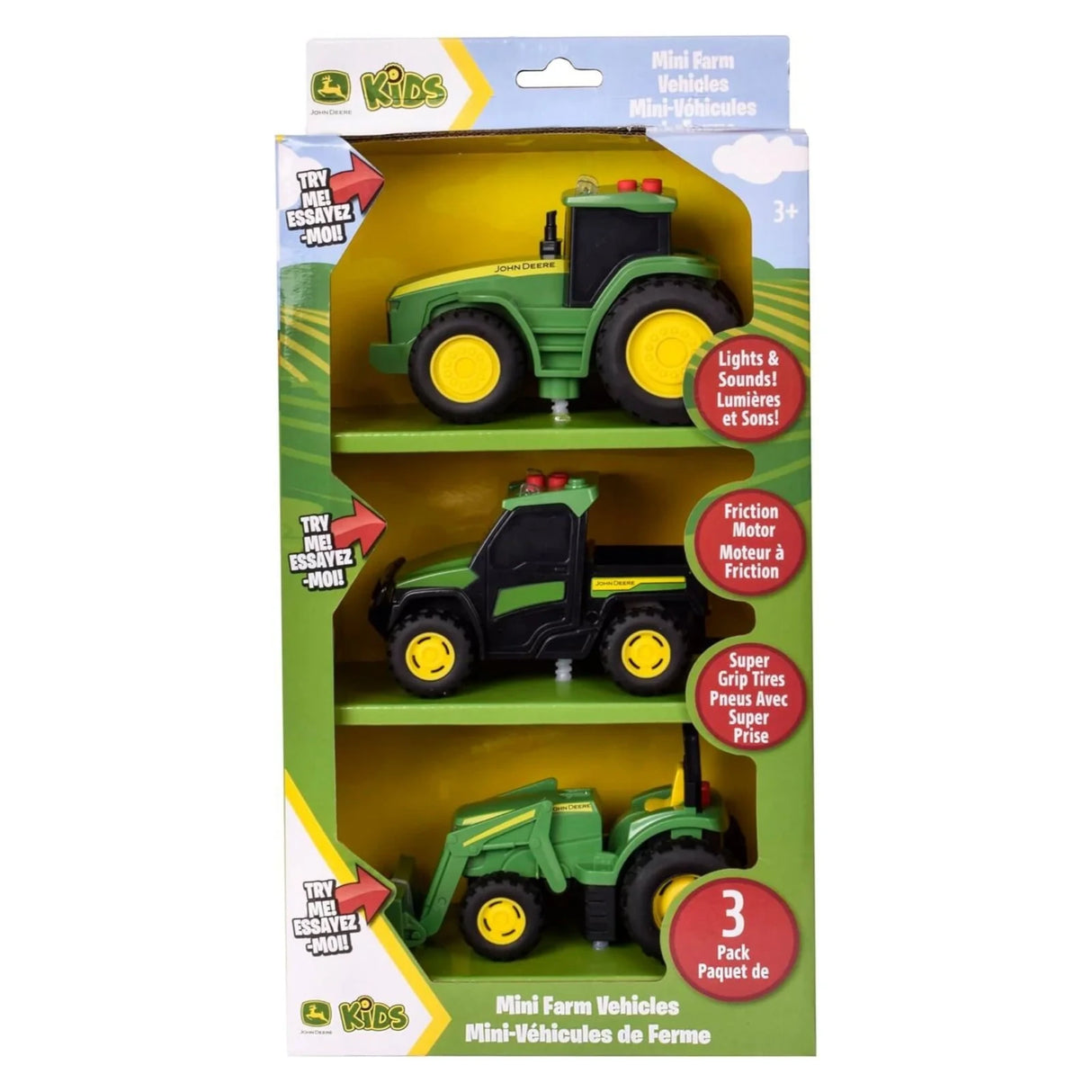 John Deere KIDS Mini Farm Vehicles 3 pack retail box showing three green vehicles with “Lights & Sounds”, “Friction Motor”, “Super Grip Tires” callouts and “3+” age mark
