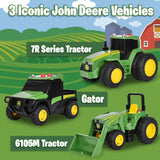 Graphic showing three John Deere mini vehicles on illustrated farm background with text “3 Iconic John Deere Vehicles” and labels “7R Series Tractor”, “Gator” and “6105M Tractor”