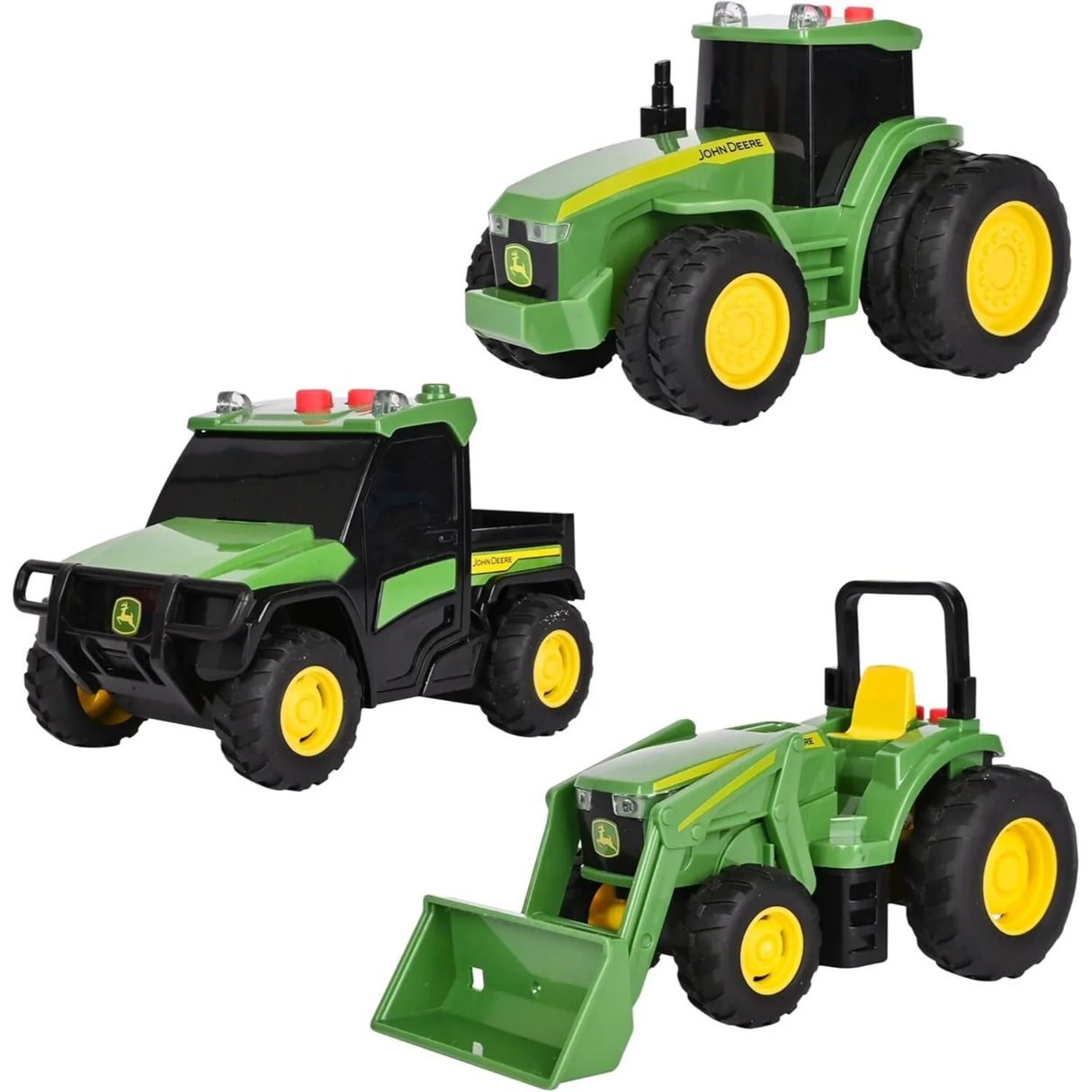 Three John Deere mini vehicles on white background: green tractor with black cab, black and green utility vehicle, and green tractor with front loader bucket and yellow seat