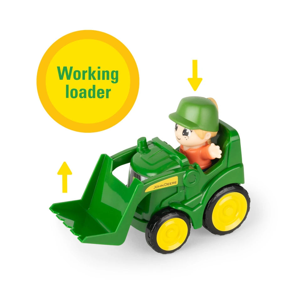Green John Deere front loader tractor with yellow wheels and seated figure, with yellow arrows and “Working loader” text on white background