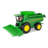 John Deere Lights & Sounds Combine 47714 front left view with green corn head fitted