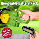 John Deere Motorised Chainsaw rear handle with battery pack being removed by hand