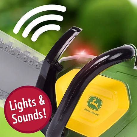 John Deere Motorised Chainsaw close view showing illuminated red light beside black hand guard