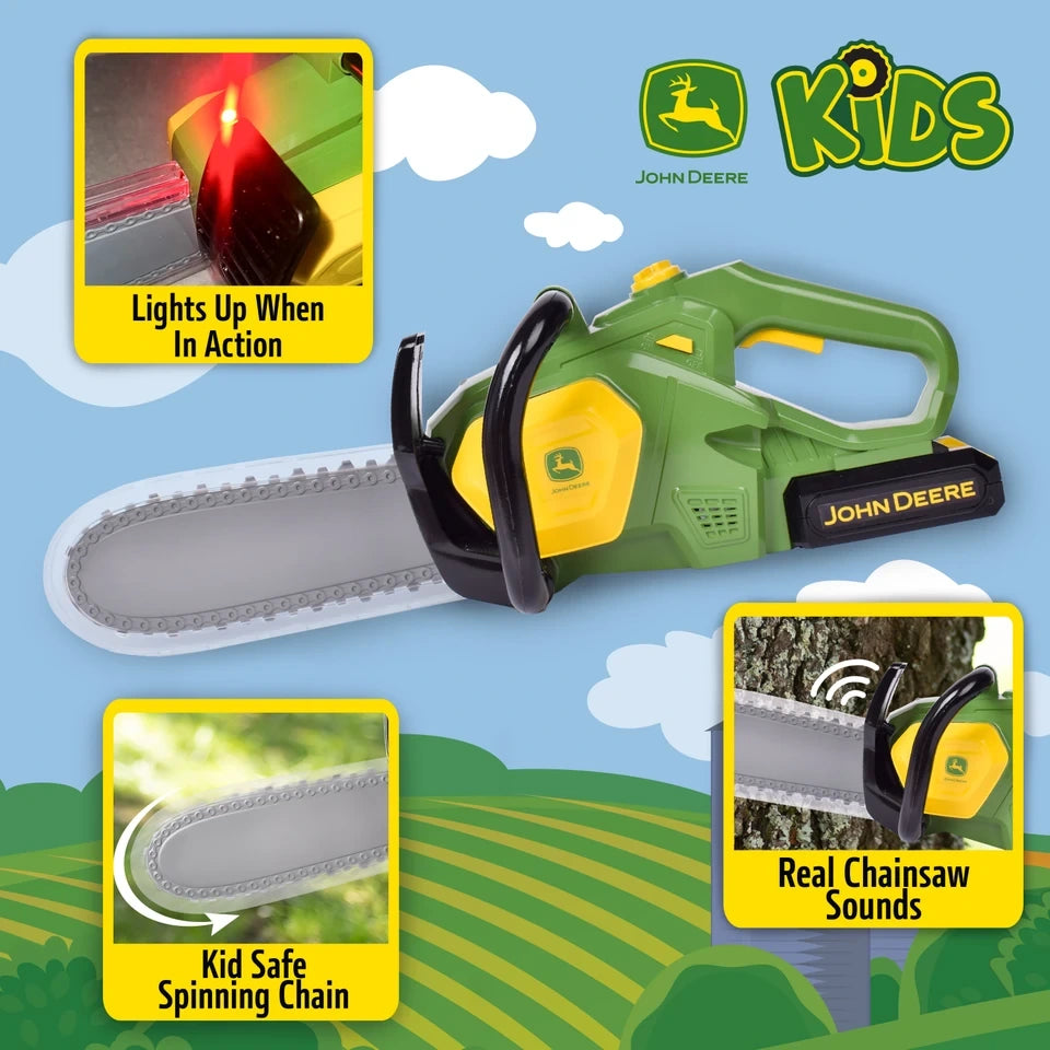John Deere Motorised Chainsaw feature graphic showing red light, rotating chain and sound functions