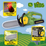 John Deere Motorised Chainsaw feature graphic showing red light, rotating chain and sound functions