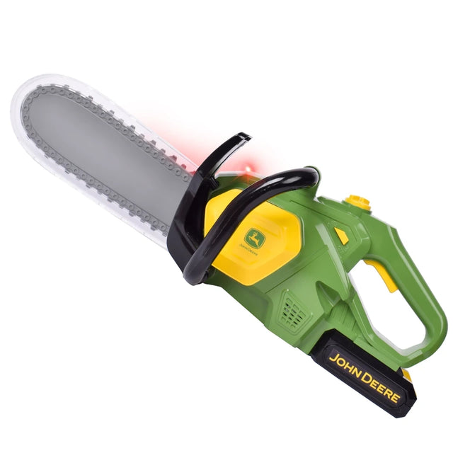 John Deere Motorised Chainsaw with green body, yellow side panel and grey rotating chain blade