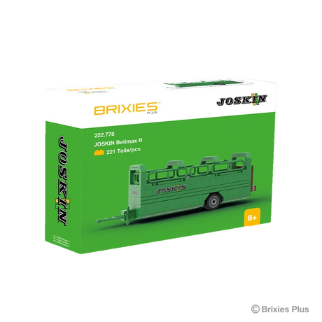 BRIXIES Plus Joskin Betimax building set in its green JOSKIN branded retail box with the completed livestock trailer pictured on the front