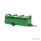 BRIXIES Plus Joskin Betimax viewed from the front side with the long drawbar, green body, JOSKIN logo and open rail structure clearly visible