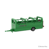 Front angled view of the BRIXIES Plus Joskin Betimax showing the drawbar, green livestock body, upper rail sections and JOSKIN branding