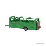 BRIXIES Plus Joskin Betimax viewed from the rear side showing the brown closed rear gate, rear lights, green livestock rails and drawbar