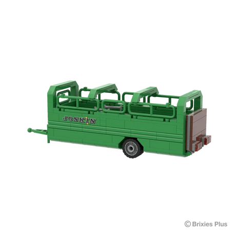 BRIXIES Plus Joskin Betimax viewed from the rear side showing the brown closed rear gate, rear lights, green livestock rails and drawbar