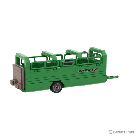 Rear angled view of the BRIXIES Plus Joskin Betimax showing the brown rear gate, side body panels, upper livestock rails and single wheel