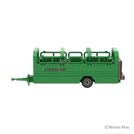 BRIXIES Plus Joskin Betimax livestock trailer in full side profile with the drawbar extending left, green side panels, open upper rails and single axle visible
