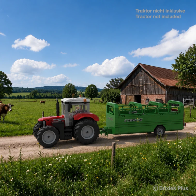 BRIXIES Plus Joskin Betimax connected to a red tractor in a farm scene beside a field and barn, with the tractor marked as not included