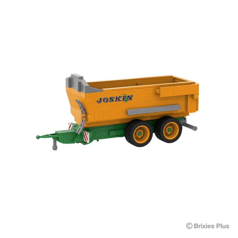 BRIXIES Plus Joskin Trans-KTP tipping trailer viewed from the front side with the green drawbar extending left, orange body and tandem axle wheels visible