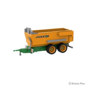 BRIXIES Plus Joskin Trans-KTP tipping trailer viewed from the front side with the green drawbar extending left, orange body and tandem axle wheels visible