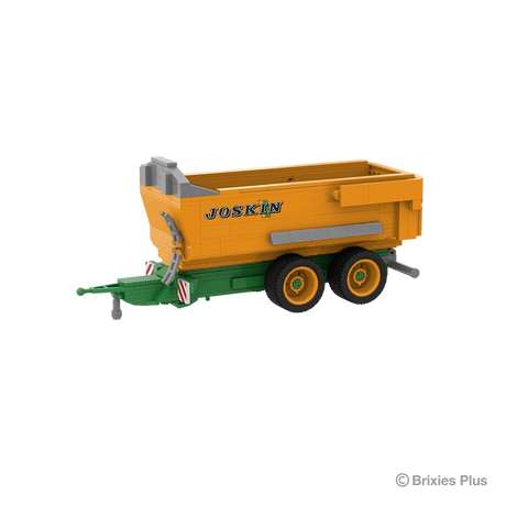 BRIXIES Plus Joskin Trans-KTP tipping trailer viewed from the front side with the green drawbar extending left, orange body and tandem axle wheels visible