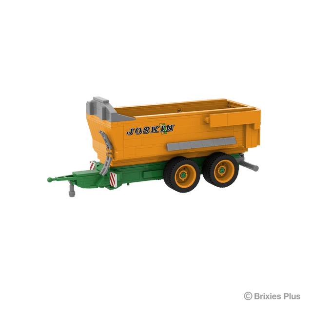 BRIXIES Plus Joskin Trans-KTP tipping trailer viewed from the front side with the green drawbar extending left, orange body and tandem axle wheels visible
