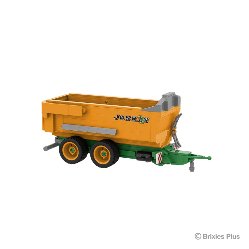 BRIXIES Plus Joskin Trans-KTP shown from the front side with the green drawbar extending right, orange tipping body and JOSKIN branding visible